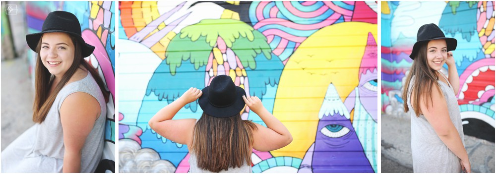 leighellen landskov photography girl senior session urban RiNo Denver black hat colorful mural alley
