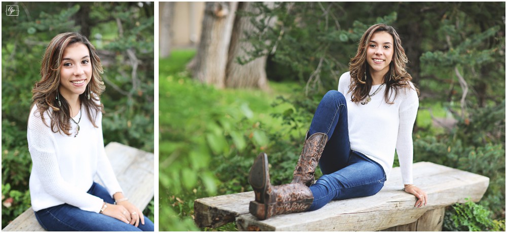  senior girl in white sweater and cowboy boots in Golden, CO
