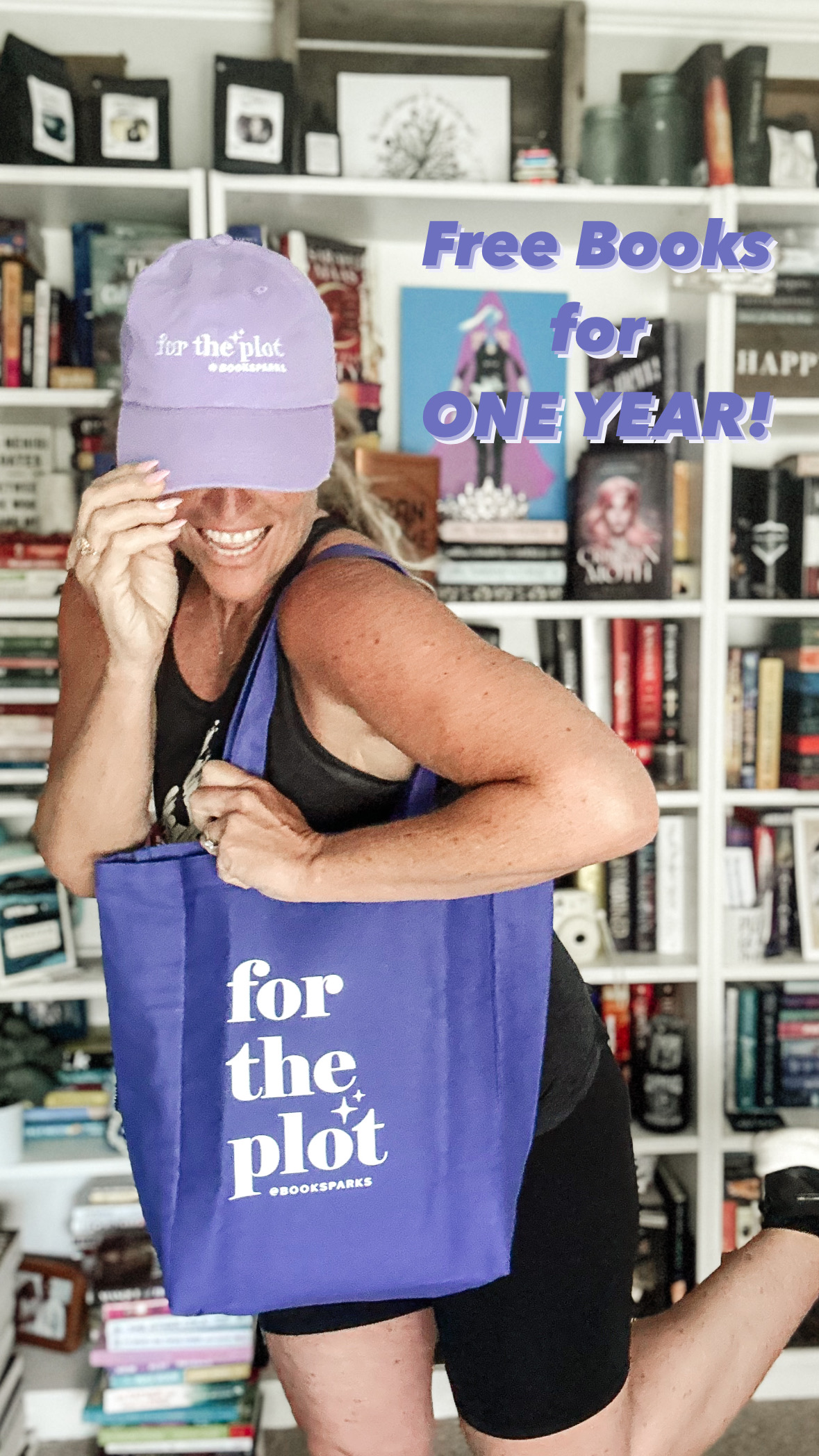 Momma Leighellens Book Nook holds a Booksparks Tote and wears a Booksparks hat to share a giveaway celebrating 15 years and One Year of Free Books!